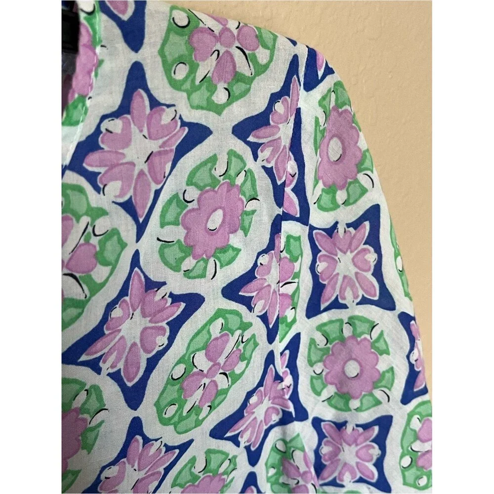 Talbots Cotton Purple/Green Floral Split Neck Pin-Tuck Top Shirt Blouse Size L